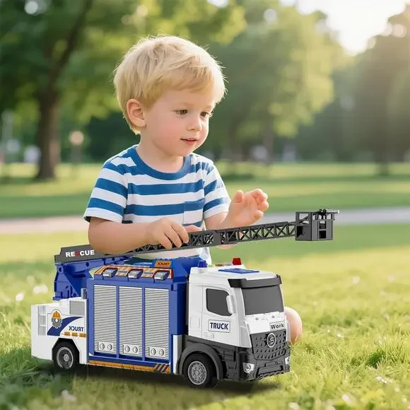 3-In-1 Large Fire Truck Toy with Garage & 6 Cars, Water Pump, Extendable Ladder, - Picture 2 of 7